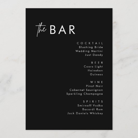 Minimaliserende Black Wedding Drinken Bar-menkkaar Menu (Voorkant)