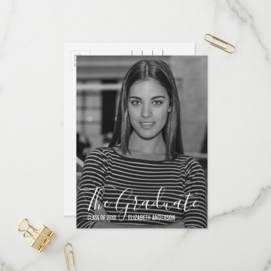 Minimaliserende Black & White Photo Graduparty Uitnodiging Briefkaart (Voorkant / Achterkant in situ)