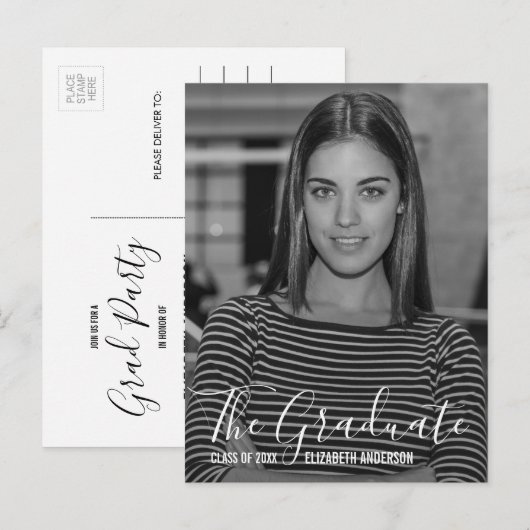 Minimaliserende Black & White Photo Graduparty Uitnodiging Briefkaart (Voorkant / Achterkant)