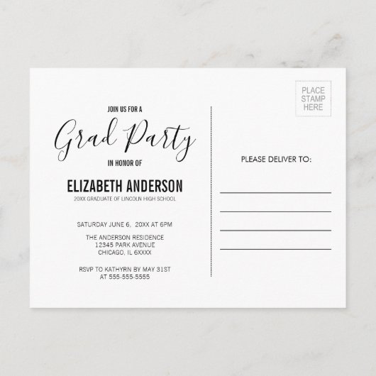 Minimaliserende Black & White Photo Graduparty Uitnodiging Briefkaart (Achterkant)
