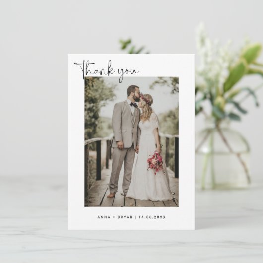 Minimaliserende bruiloft foto bedankkaart (Staand voorkant)