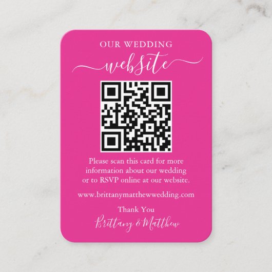 Minimaliserende bruiloft Website Foto QR Hot Pink Informatiekaartje (Voorkant)