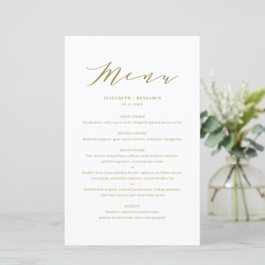 Minimaliserende Dainty Script Gold Wedding Menu Ca (Staand voorkant)