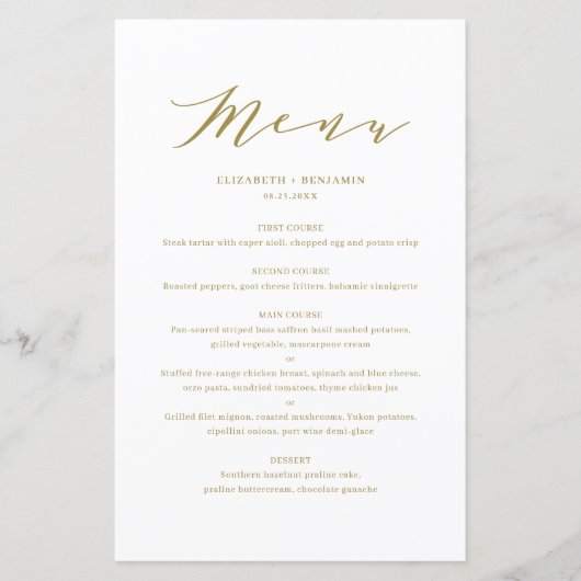 Minimaliserende Dainty Script Gold Wedding Menu Ca