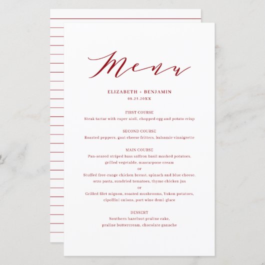 Minimaliserende Dainty Script Red Wedding Menu Car (Voorkant / Achterkant)