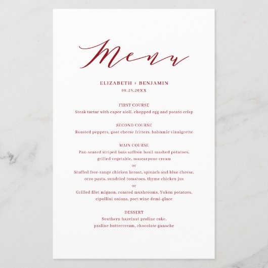 Minimaliserende Dainty Script Red Wedding Menu Car (Voorkant)
