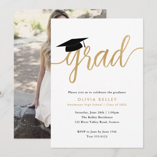 Minimaliserende Gold Script Gradup-lampfoto Kaart (Voorkant / Achterkant)