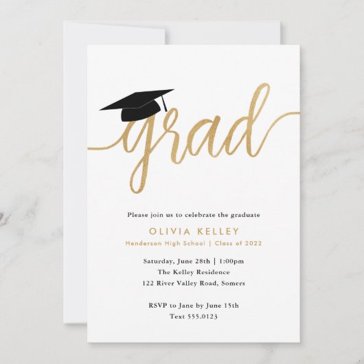 Minimaliserende Gold Script Graduy Cap Party Kaart (Voorkant)