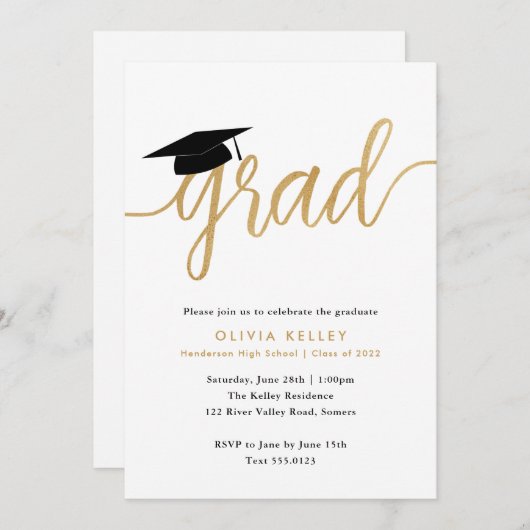 Minimaliserende Gold Script Graduy Cap Party Kaart (Voorkant / Achterkant)