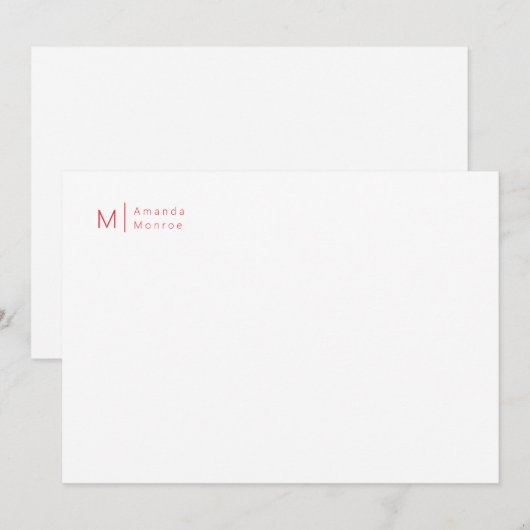 Minimaliserende Monogram Roos Rode Correspondentie Notitiekaartje (Voorkant / Achterkant)