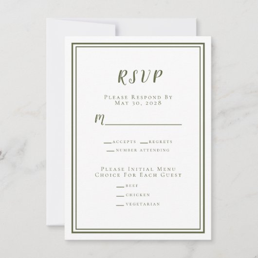 Minimaliserende Olive Green Menu Simple RSVP (Voorkant)