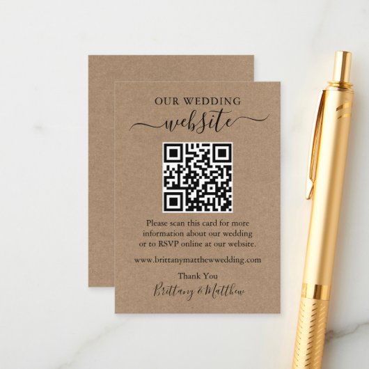 Minimaliserende Simple Kraft Wedding Website QR Informatiekaartje (Voorkant / Achterkant in situ)
