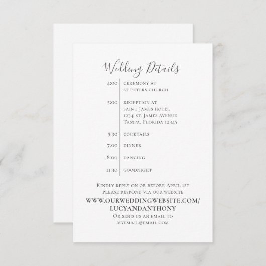 Minimaliserende Simple Wedding Details Tijdschema Informatiekaartje (Voorkant / Achterkant)