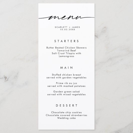 Minimaliserende Simple Wedding Menu Card (Voorkant)