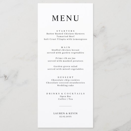 Minimaliserende Simple Wedding Menu Card (Voorkant)