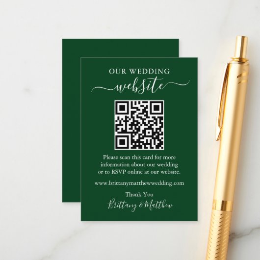 Minimaliserende Simple Wedding Website QR Green Informatiekaartje (Voorkant / Achterkant in situ)