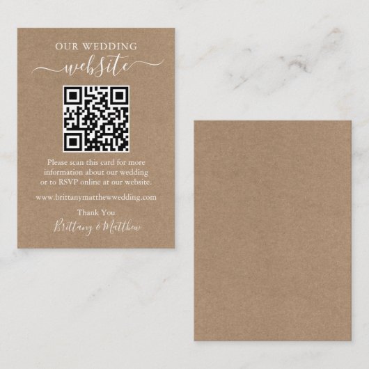 Minimaliserende Simple Wedding Website QR Kraft Informatiekaartje (Voorkant / Achterkant)