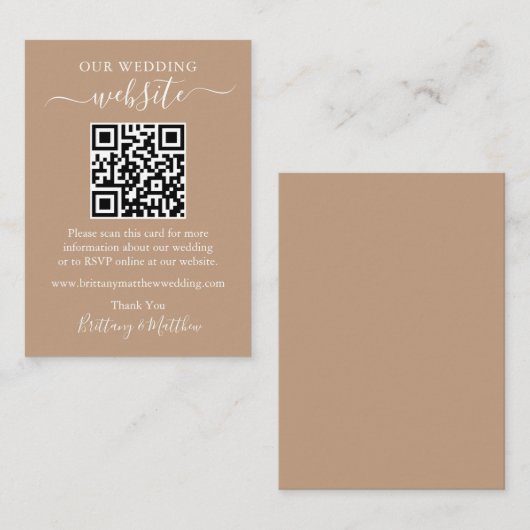 Minimaliserende Simple Wedding Website QR Taupe Informatiekaartje (Voorkant / Achterkant)