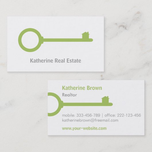 Minimaliserende Visitekaartjes voor groene sleutel (Voorkant / Achterkant)