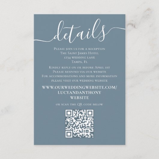Minimaliserende website voor een blauwe bruiloft Q Informatiekaartje (Voorkant)