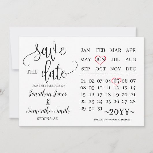 Minimaliskalender om de datum van de moderne bruil kaart (Voorkant)