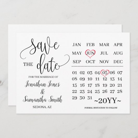 Minimaliskalender om de datum van de moderne bruil kaart (Voorkant / Achterkant)