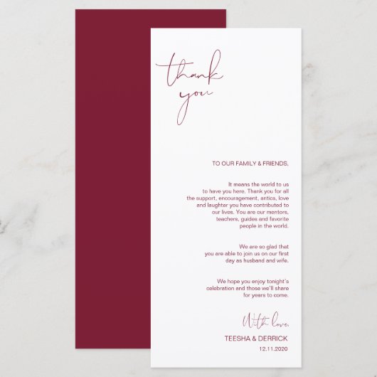 Minimalisme Bourgogne Script Plaats instelling Dan Programmakaart (Voorkant / Achterkant)