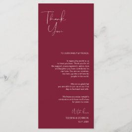 Minimalisme Burgundy Script Place setting Dankuwel Programmakaart