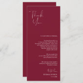 Minimalisme Burgundy Script Place setting Dankuwel Programmakaart (Voorkant / Achterkant)