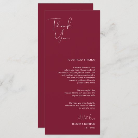 Minimalisme Burgundy Script Place setting Dankuwel Programmakaart (Voorkant / Achterkant)