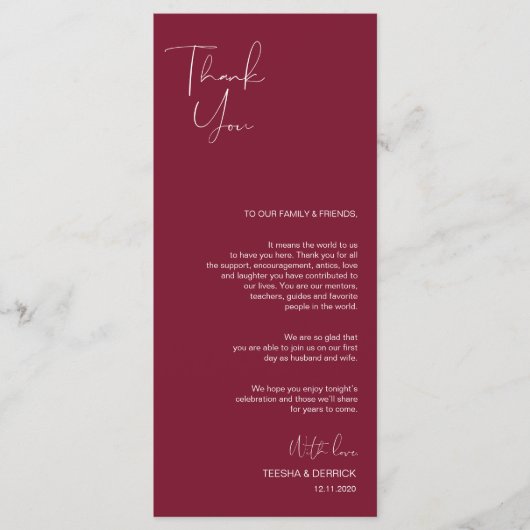 Minimalisme Burgundy Script Place setting Dankuwel Programmakaart (Voorkant)