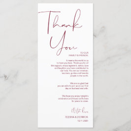 Minimalisme Burgundy Script Place setting Dankuwel Programmakaart