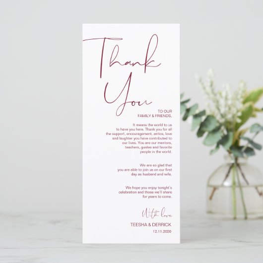 Minimalisme Burgundy Script Place setting Dankuwel Programmakaart (Staand voorkant)