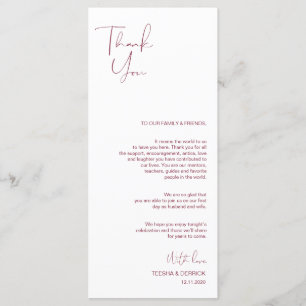 Minimalisme Burgundy Script Place setting Dankuwel Programmakaart