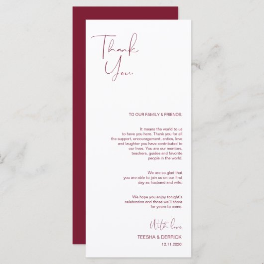 Minimalisme Burgundy Script Place setting Dankuwel Programmakaart (Voorkant / Achterkant)