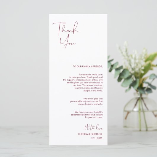 Minimalisme Burgundy Script Place setting Dankuwel Programmakaart (Staand voorkant)