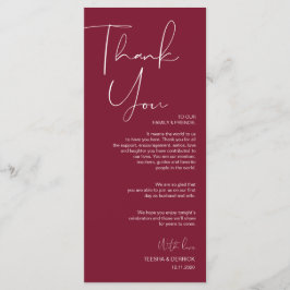 Minimalisme Burgundy Script Place setting Dankuwel Programmakaart