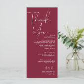 Minimalisme Burgundy Script Place setting Dankuwel Programmakaart (Staand voorkant)
