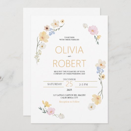 Minimalisme en bloemen bruiloft uitnodiging (Voorkant / Achterkant)