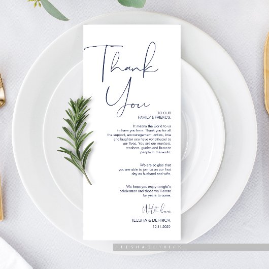 Minimalisme Marine Script Place setting Dank u Programmakaart