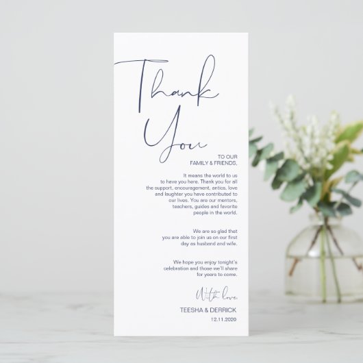 Minimalisme Marine Script Place setting Dank u Programmakaart (Staand voorkant)