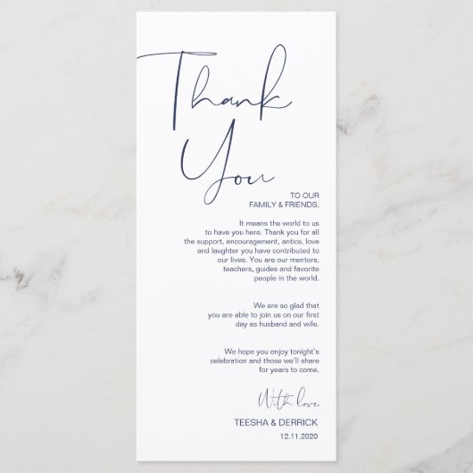 Minimalisme Marine Script Place setting Dank u Programmakaart (Voorkant)