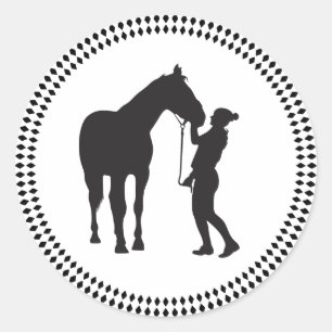 Minimalisme Meisje met Paard in zwarte kleur Ronde Sticker
