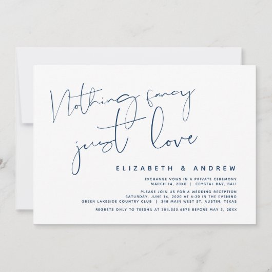 Minimalisme Navyblauw, Trouw Elopement Feest Kaart (Voorkant)