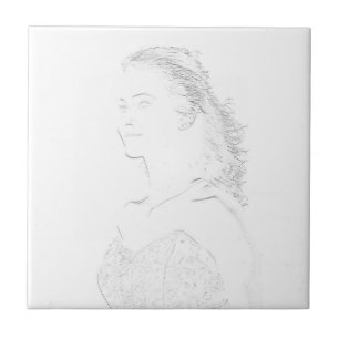 Minimalisme schetch Tekening jonge dame gezicht Tegeltje