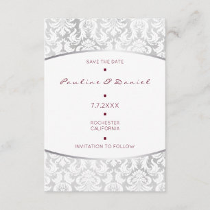 Minimalisme sparen de Datum Silver Red Damask Save The Date