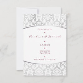 Minimalisme sparen de Datum Silver Red Damask Save The Date