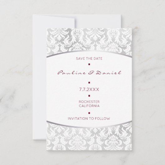 Minimalisme sparen de Datum Silver Red Damask Save The Date (Voorkant)