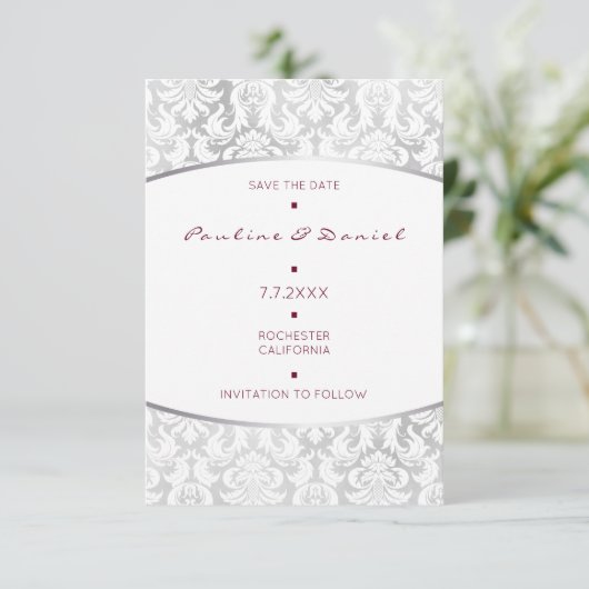 Minimalisme sparen de Datum Silver Red Damask Save The Date (Staand voorkant)