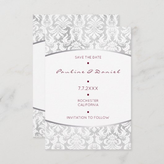 Minimalisme sparen de Datum Silver Red Damask Save The Date (Voorkant / Achterkant)